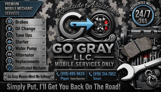 Brand Collateral Design — Go Gray LLC Black, silver, and blue promotional flyer for Go Gray LLC mobile mechanic services.