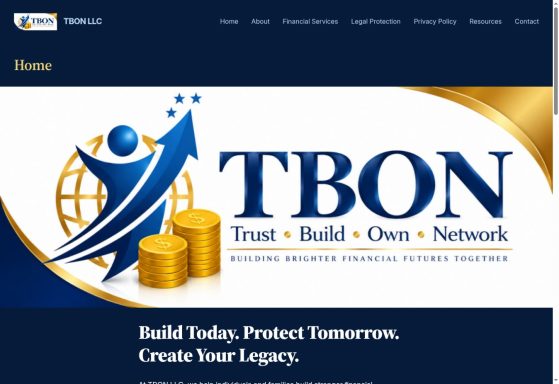 Website Design & Setup — TBON LLC Desktop homepage preview of the TBON LLC website designed and set up by Visionary Flare.